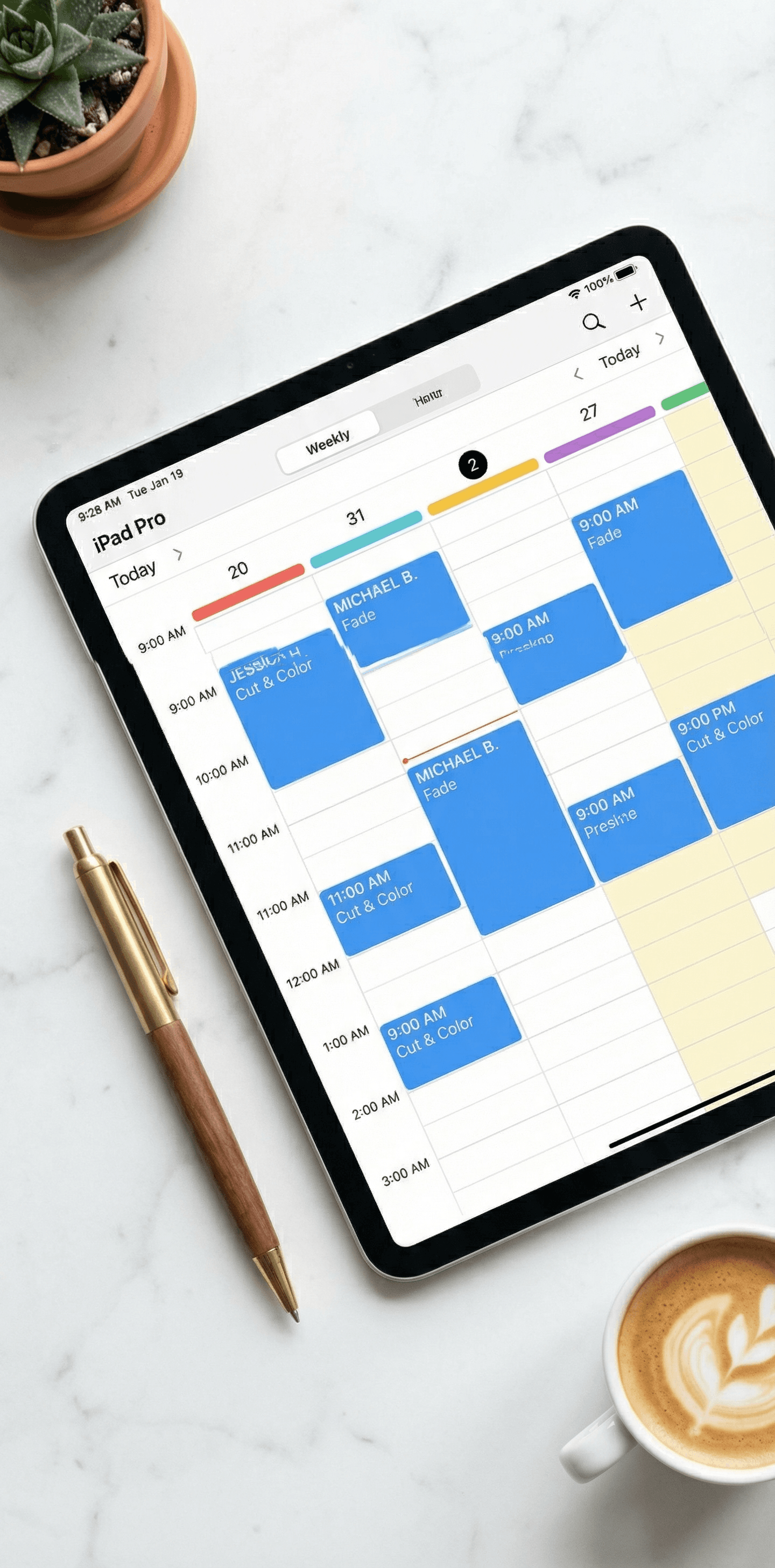 Tablet displaying a weekly appointment calendar on a marble desk.