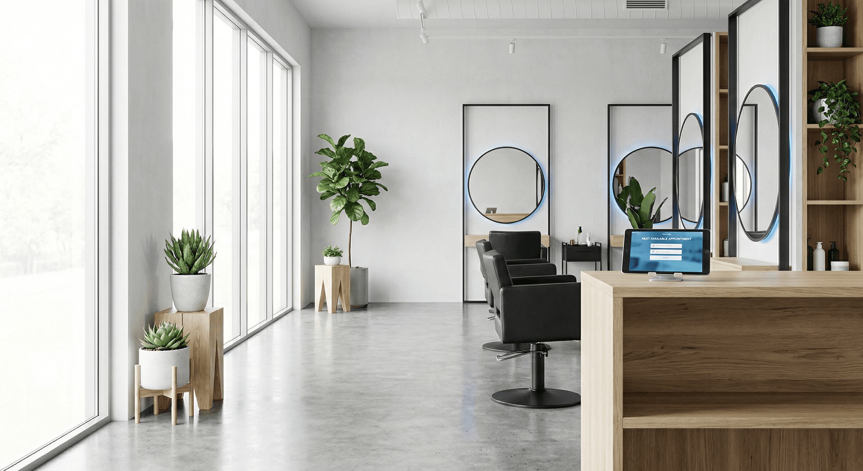 Reception desk with a booking tablet ready for client check-ins.